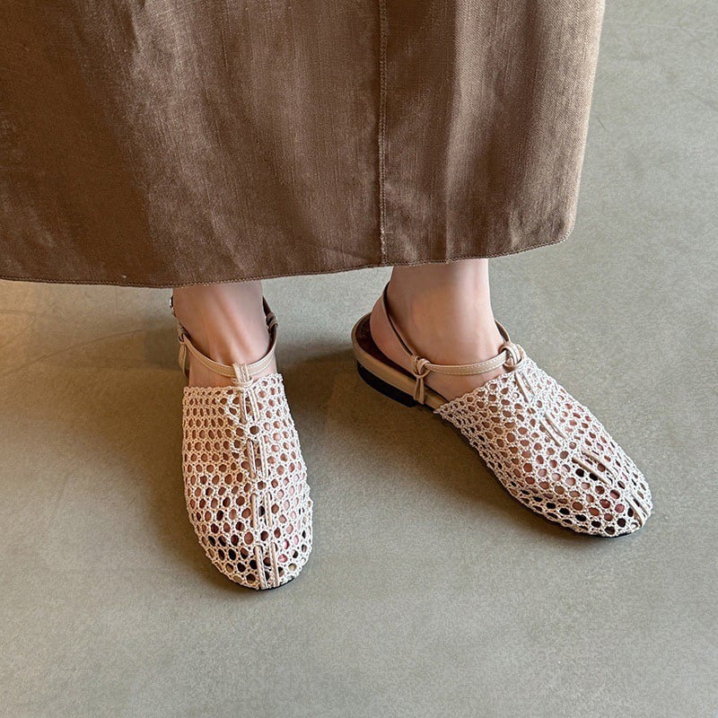 Lace Crochet Mesh Mule Sandals | Low Heel Backless Slingback Flats