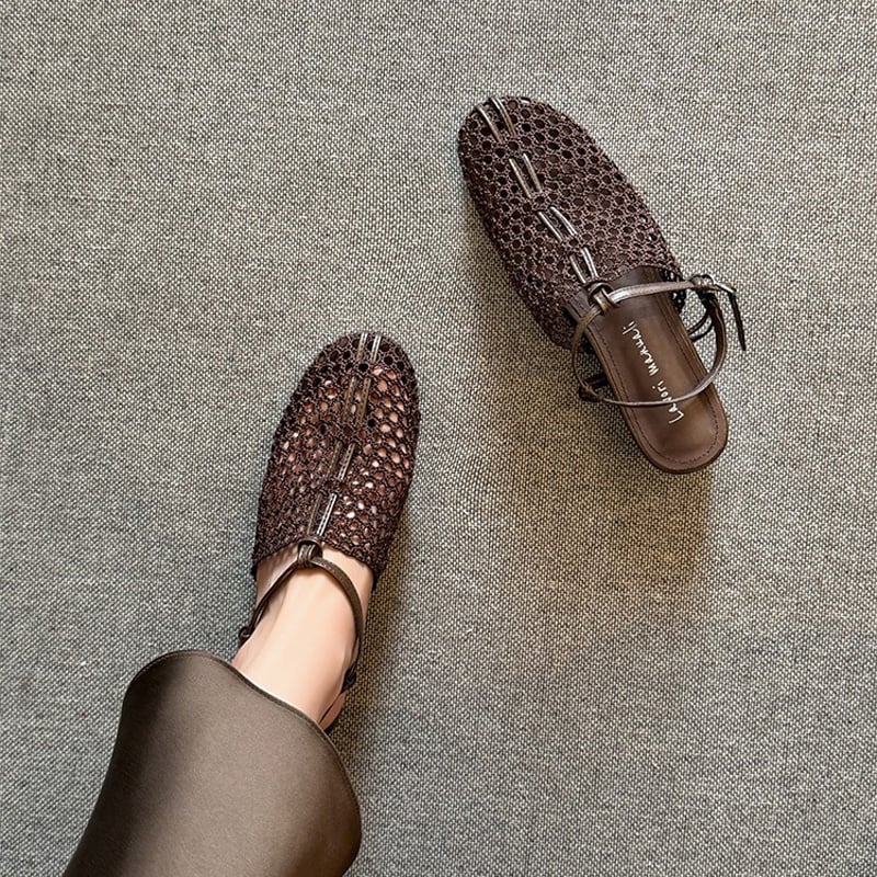 Lace Crochet Mesh Mule Sandals | Low Heel Backless Slingback Flats