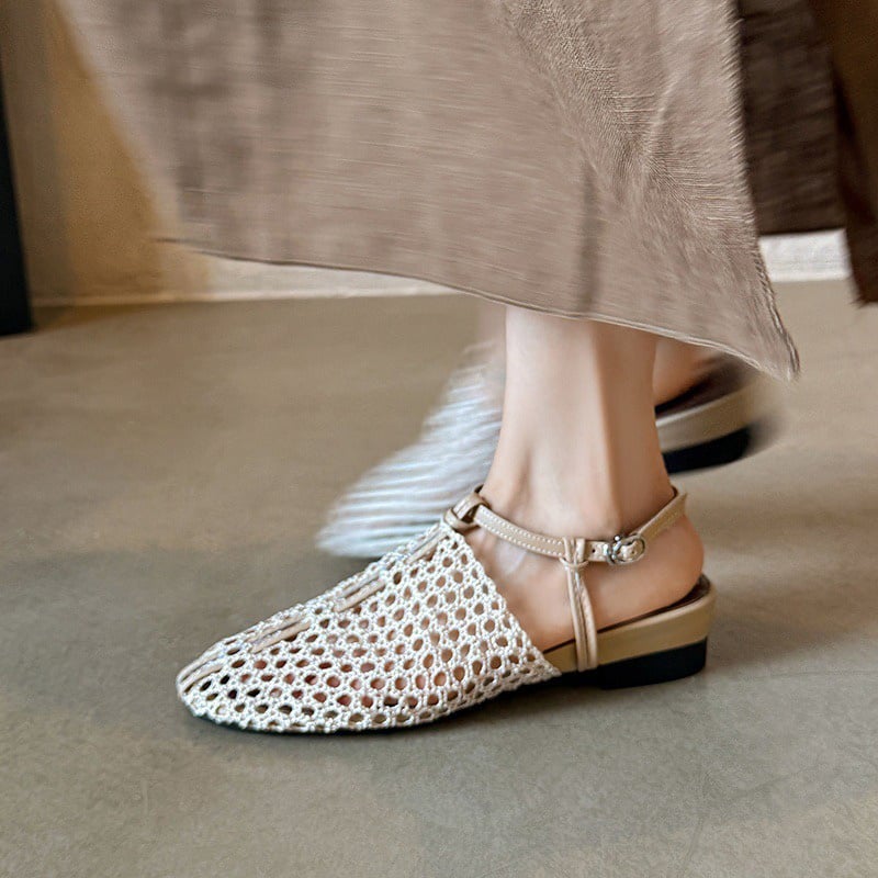 Lace Crochet Mesh Mule Sandals | Low Heel Backless Slingback Flats
