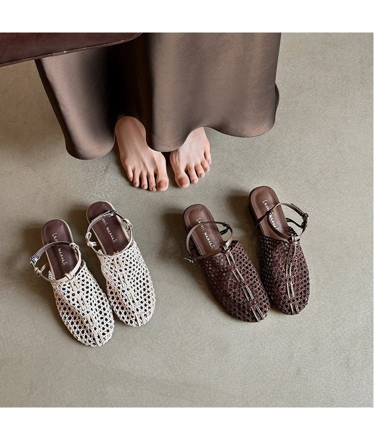 Lace Crochet Mesh Mule Sandals | Low Heel Backless Slingback Flats