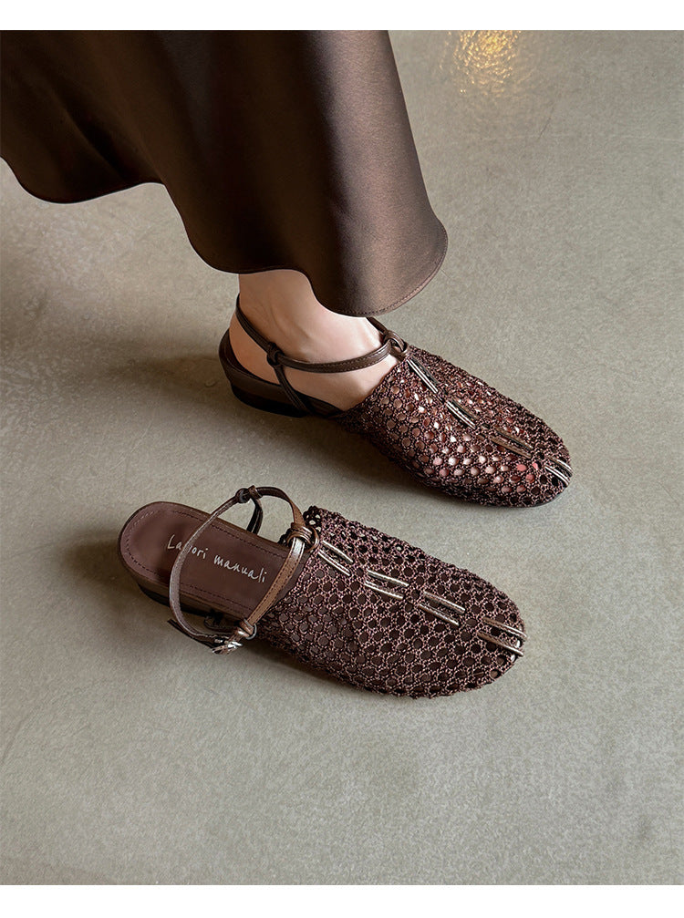 Lace Crochet Mesh Mule Sandals | Low Heel Backless Slingback Flats