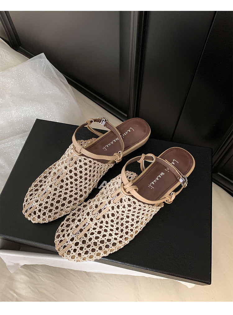 Lace Crochet Mesh Mule Sandals | Low Heel Backless Slingback Flats