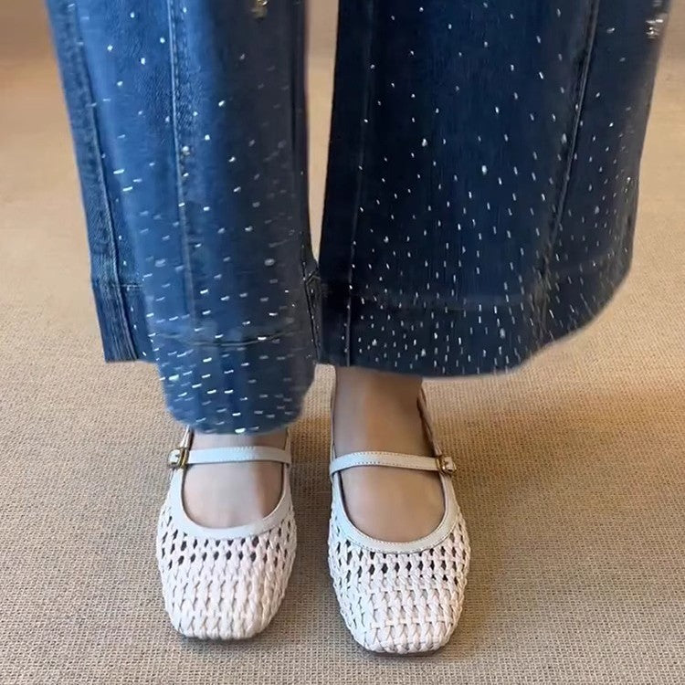 Woven Mesh Square Toe Mary Jane Block Heels | Cream Retro Comfort Pumps