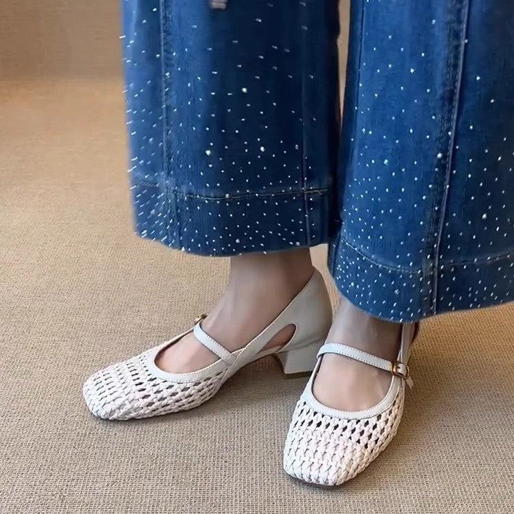 Woven Mesh Square Toe Mary Jane Block Heels | Cream Retro Comfort Pumps