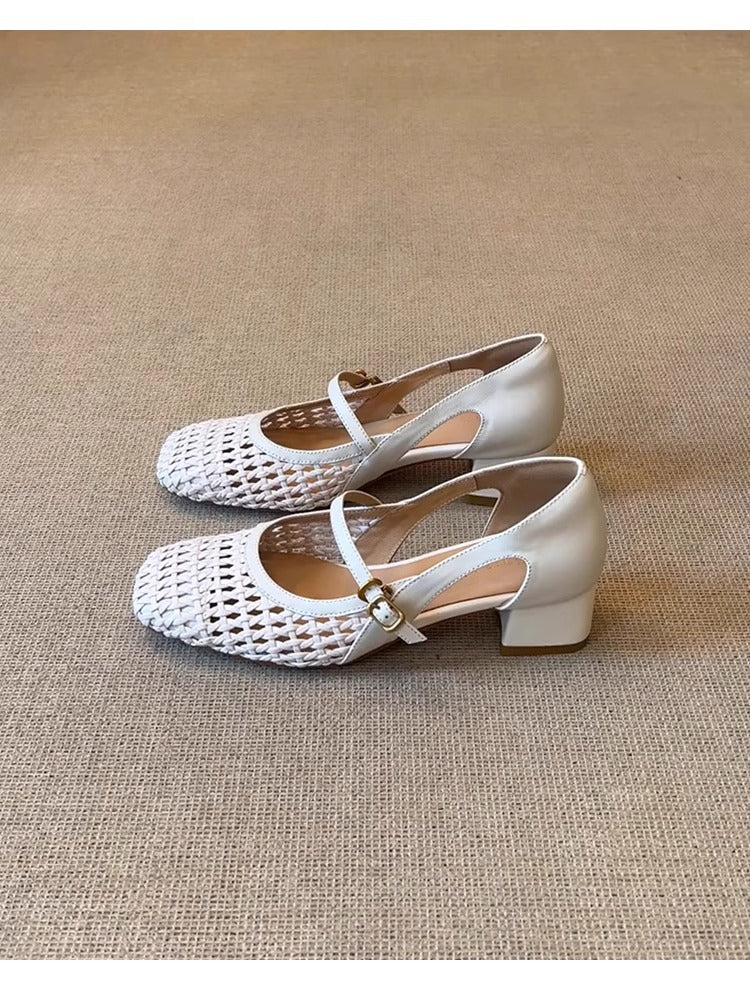 Woven Mesh Square Toe Mary Jane Block Heels | Cream Retro Comfort Pumps