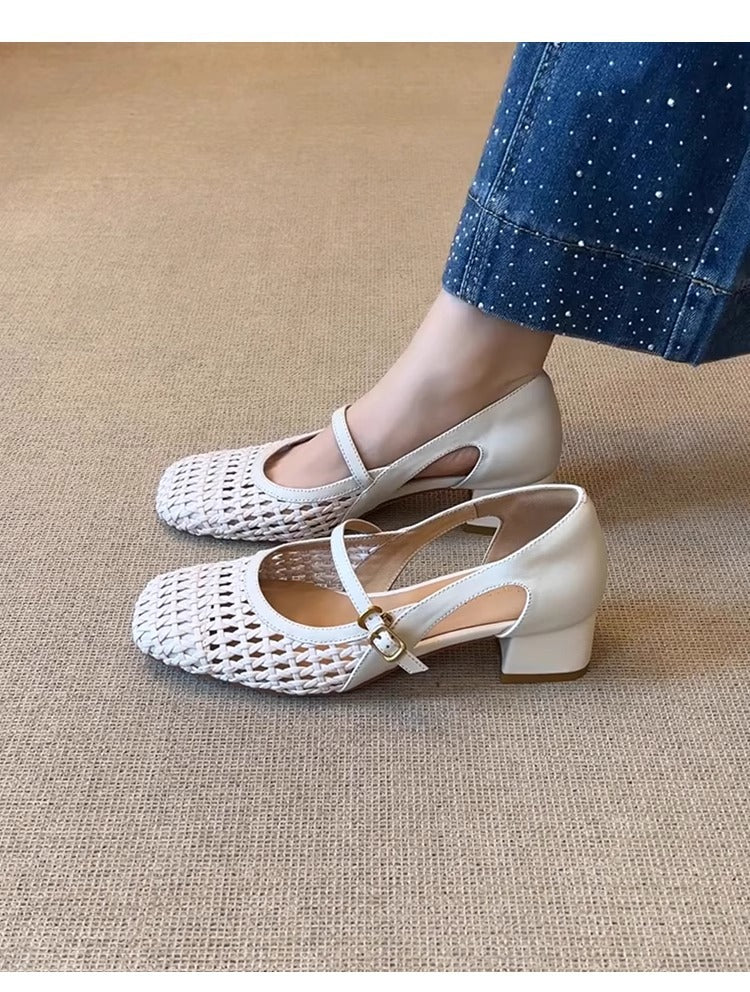 Woven Mesh Square Toe Mary Jane Block Heels | Cream Retro Comfort Pumps