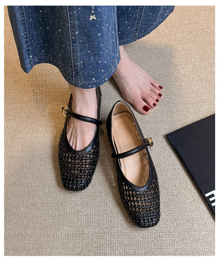 Crochet Woven Mary Jane Flats | Square Toe Breathable Ballet Flats