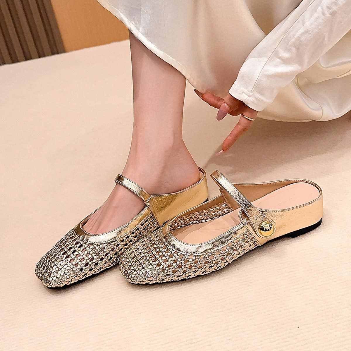 Woven Square-Toe Mary Jane Mules | Breathable Summer Flats