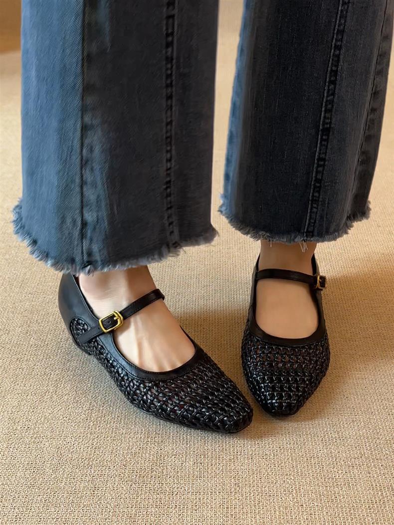 Woven Square-Toe Mary Jane Flats | Breathable Low-Heel Summer