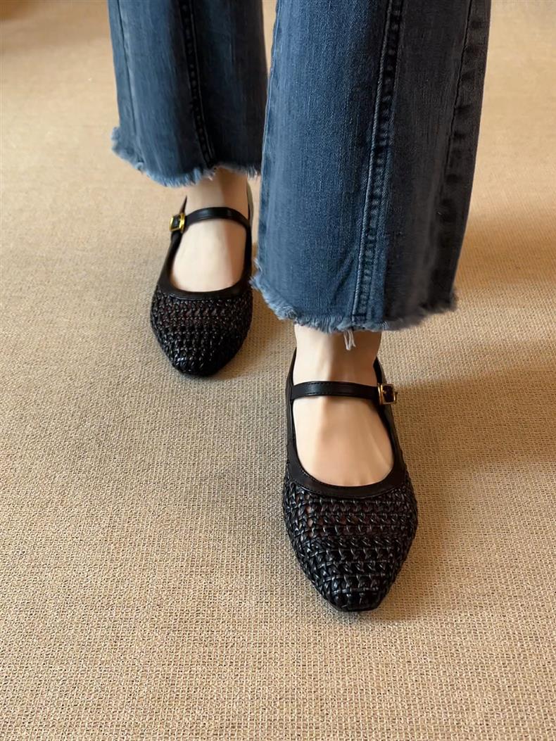 Woven Square-Toe Mary Jane Flats | Breathable Low-Heel Summer