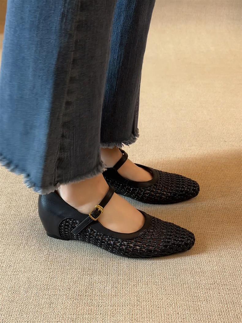 Woven Square-Toe Mary Jane Flats | Breathable Low-Heel Summer
