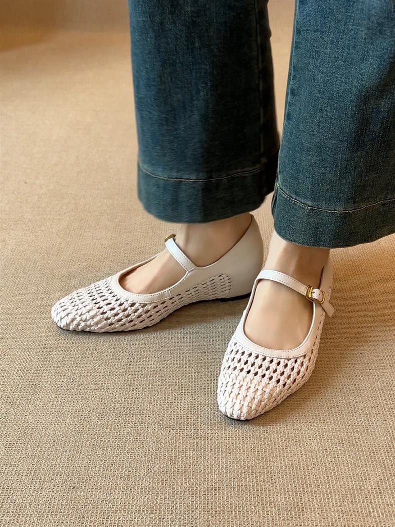Woven Square-Toe Mary Jane Flats | Breathable Low-Heel Summer