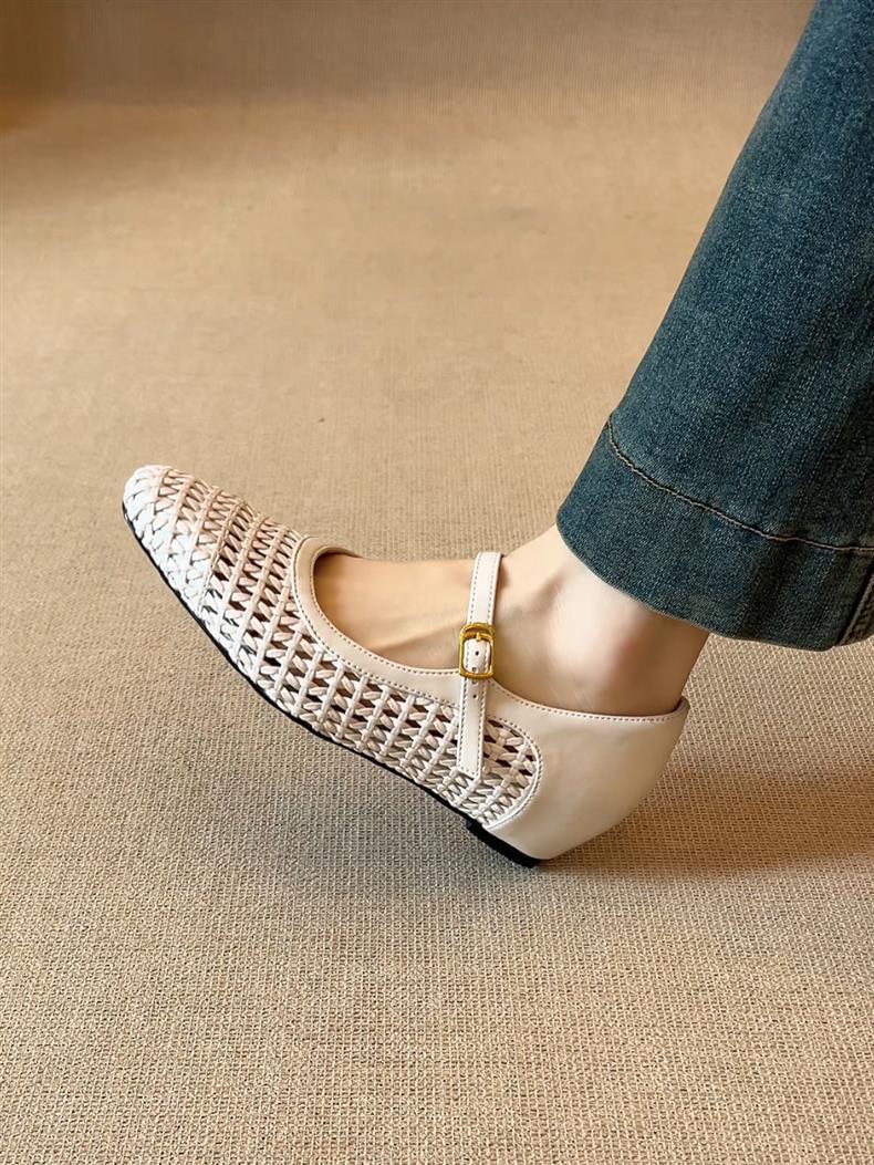 Woven Square-Toe Mary Jane Flats | Breathable Low-Heel Summer