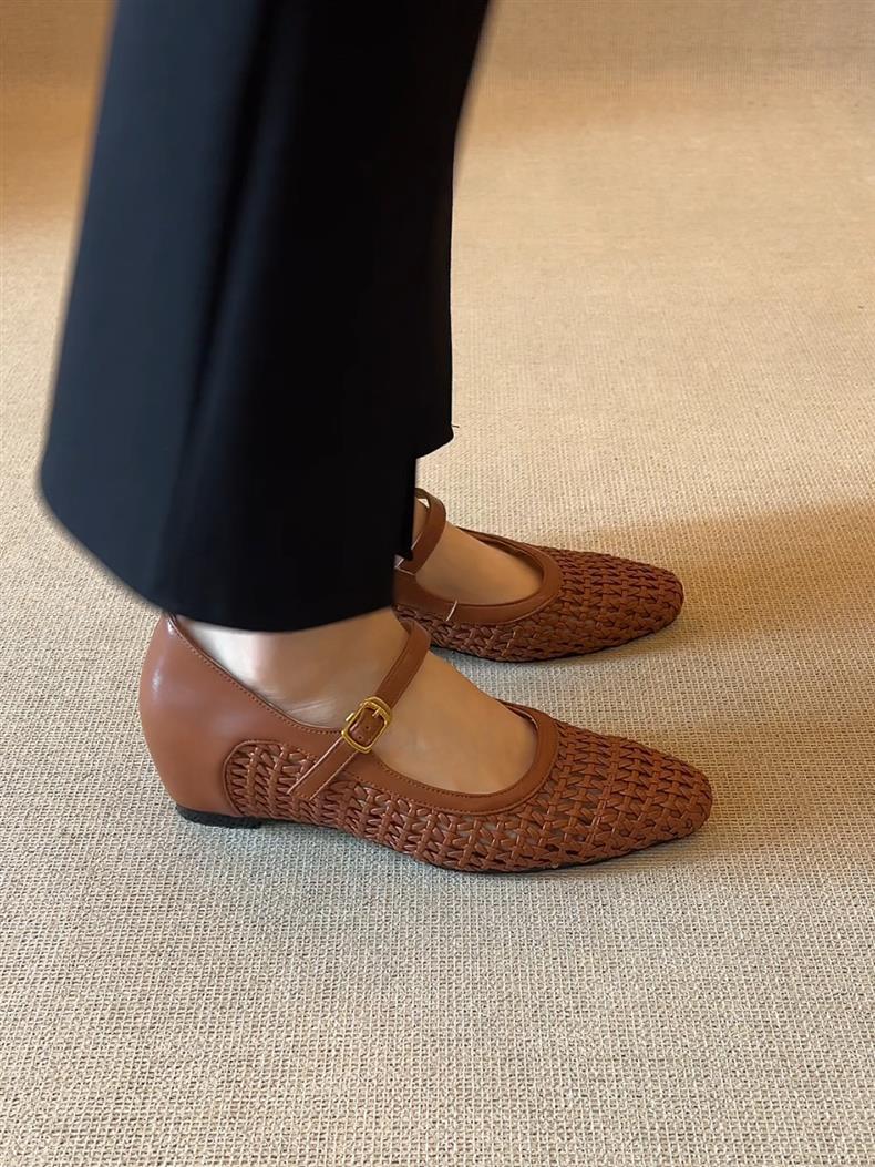 Woven Square-Toe Mary Jane Flats | Breathable Low-Heel Summer