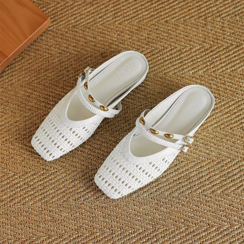 Woven Square-Toe Double Strap Mules | Vintage-Inspired Breathable Flats