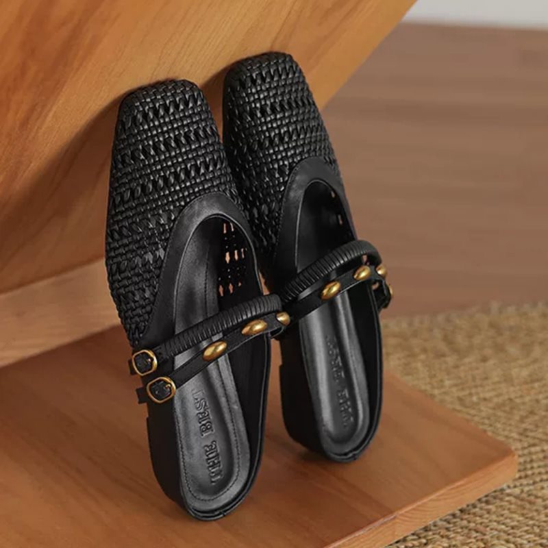 Woven Square-Toe Double Strap Mules | Vintage-Inspired Breathable Flats