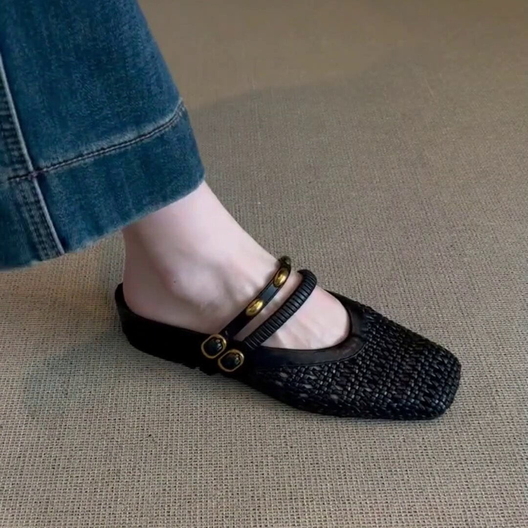 Woven Square-Toe Double Strap Mules | Vintage-Inspired Breathable Flats