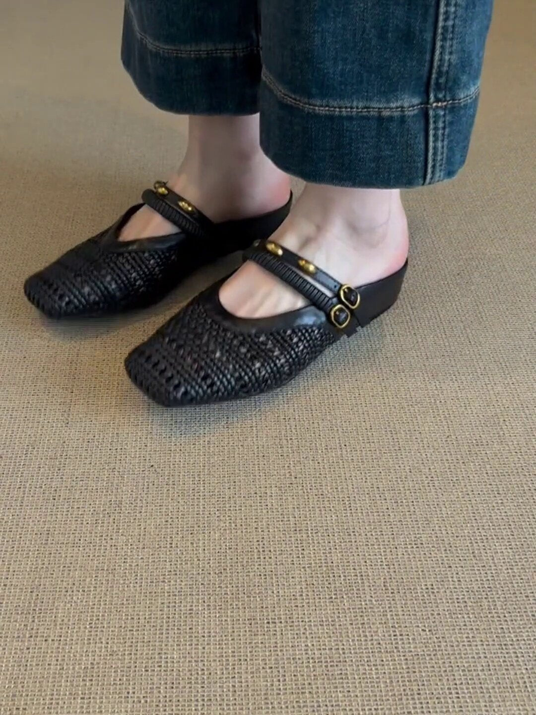 Woven Square-Toe Double Strap Mules | Vintage-Inspired Breathable Flats