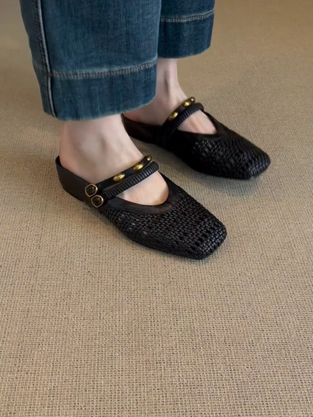 Woven Square-Toe Double Strap Mules | Vintage-Inspired Breathable Flats