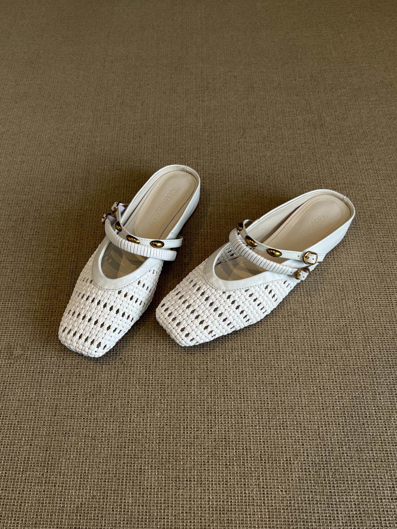Woven Square-Toe Double Strap Mules | Vintage-Inspired Breathable Flats