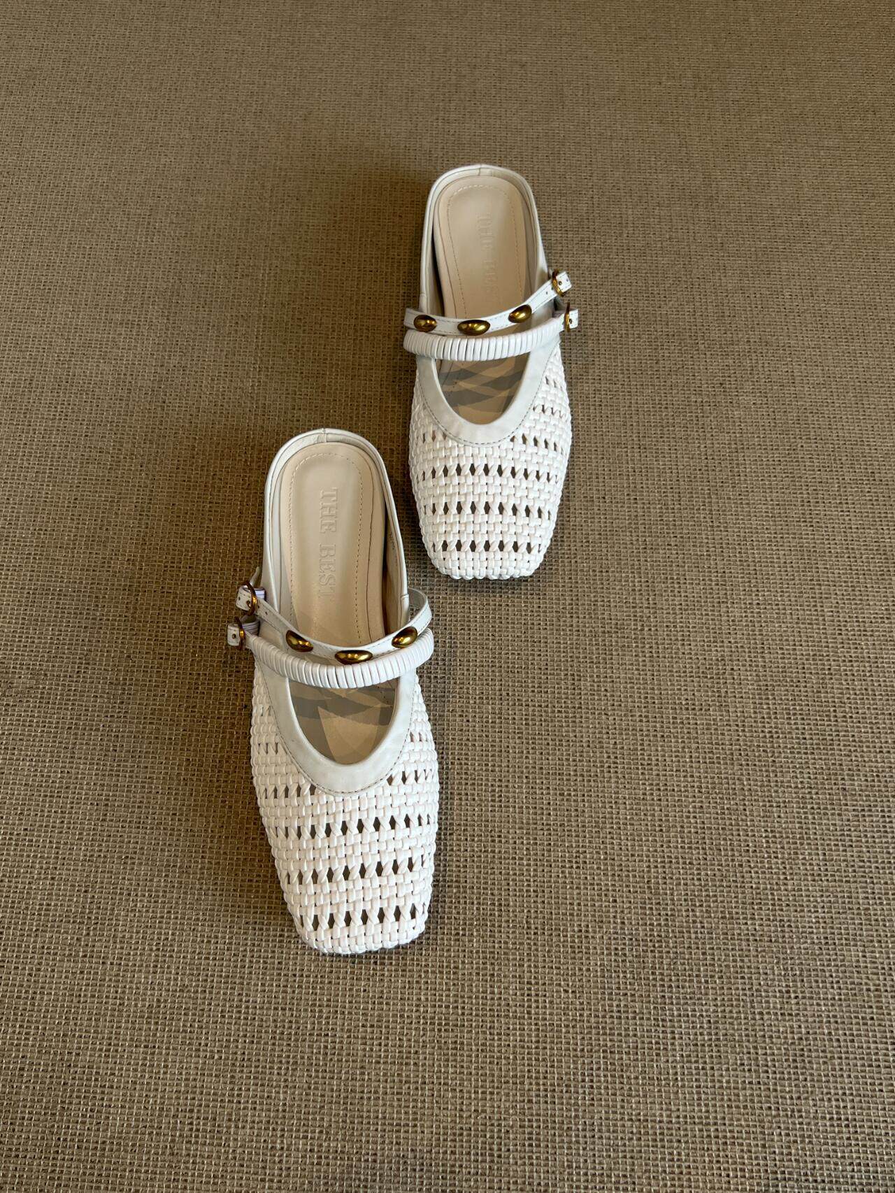 Woven Square-Toe Double Strap Mules | Vintage-Inspired Breathable Flats