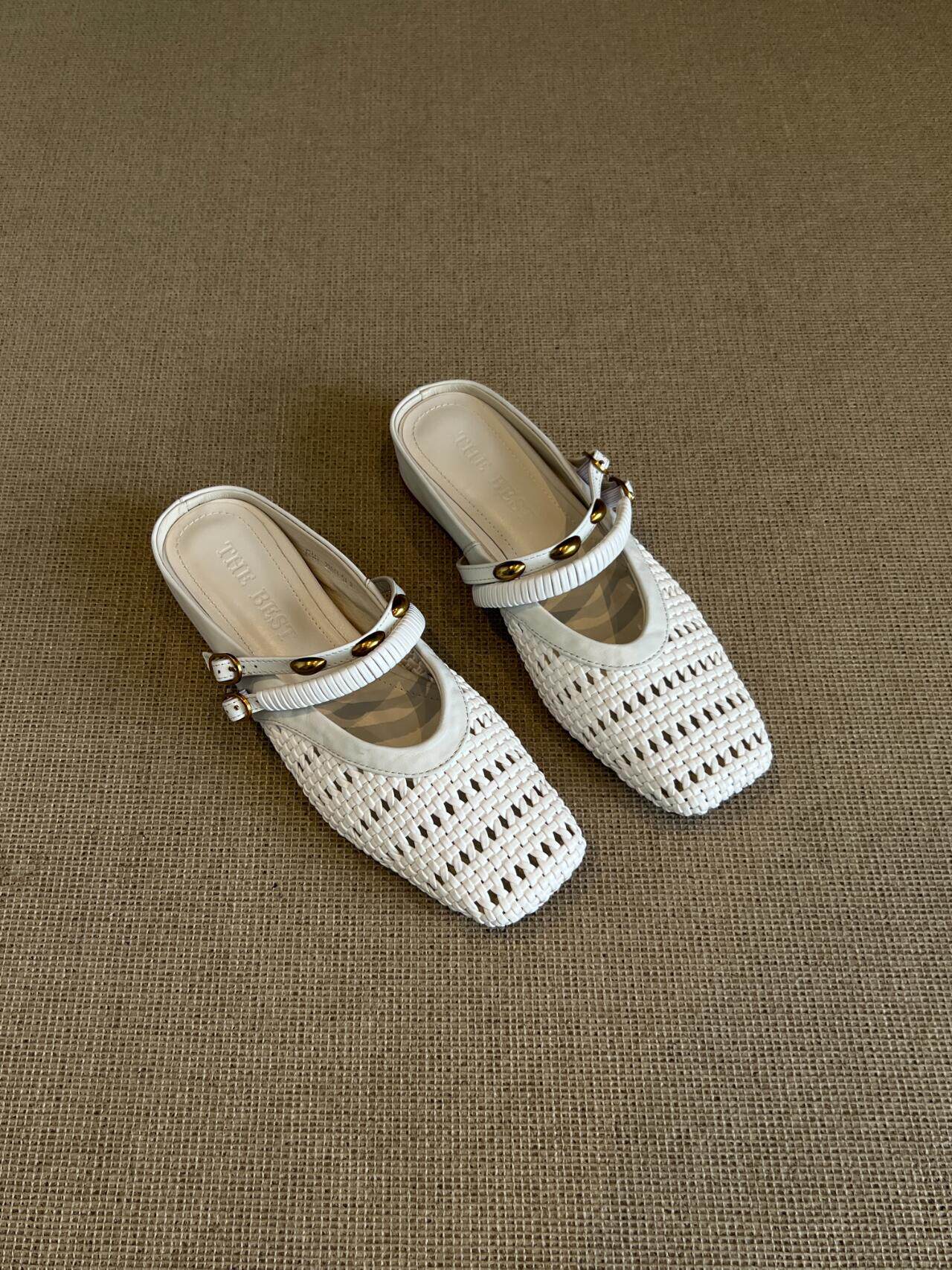 Woven Square-Toe Double Strap Mules | Vintage-Inspired Breathable Flats