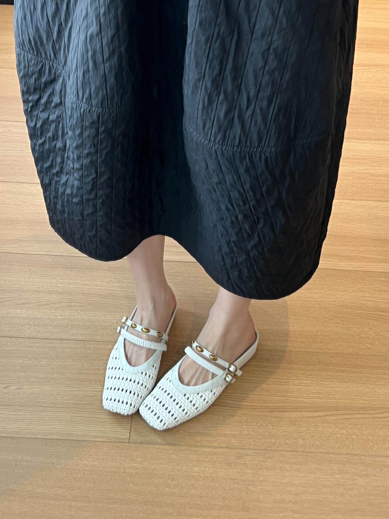 Woven Square-Toe Double Strap Mules | Vintage-Inspired Breathable Flats
