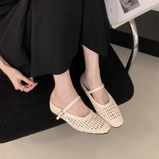 Woven Square-Toe Mary Jane Mules | Breathable Low-Heel Summer Flats