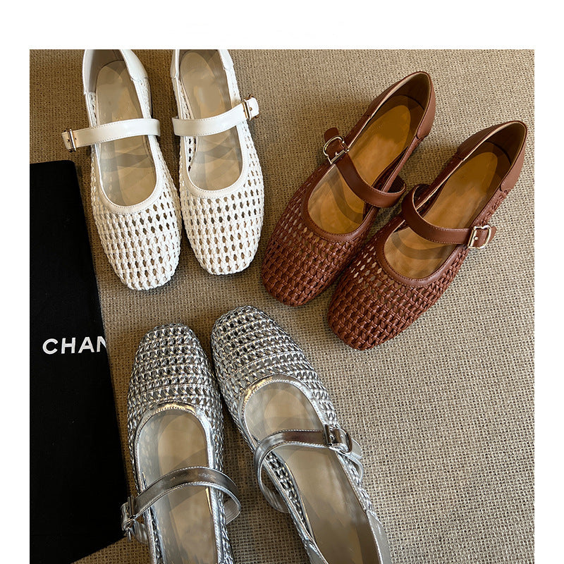 Woven Square-Toe Mary Jane Flats | Breathable Retro Summer Shoes