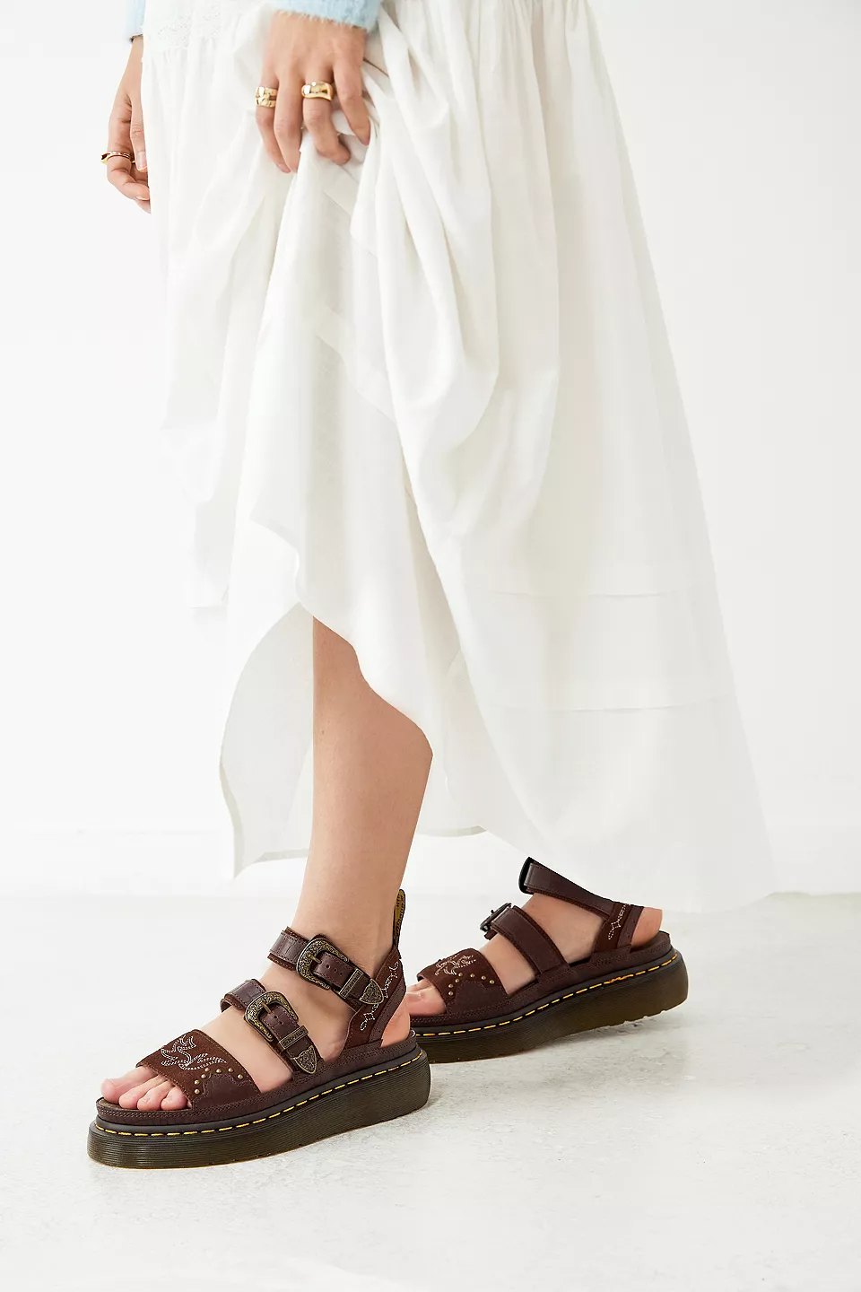 Western Stitch Platform Sandals | Brown Suede Leather Chunky Sandals