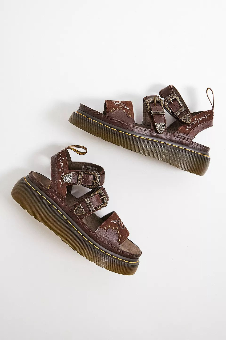 Western Stitch Platform Sandals | Brown Suede Leather Chunky Sandals