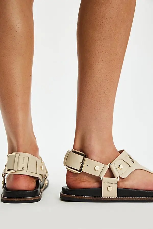 Square-Toe Leather Sandals | Thong & Buckle Strap Footwear