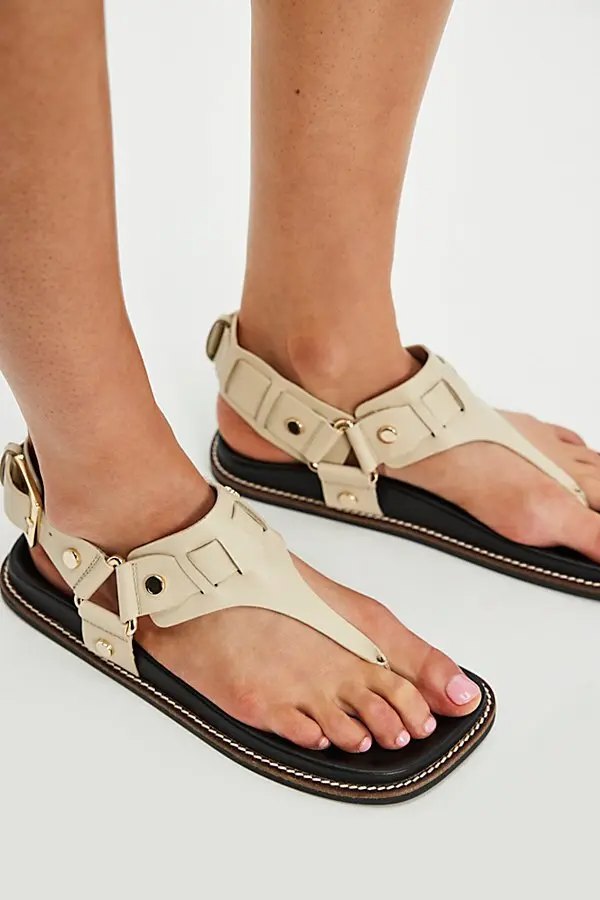 Square-Toe Leather Sandals | Thong & Buckle Strap Footwear