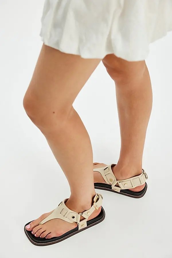Square-Toe Leather Sandals | Thong & Buckle Strap Footwear