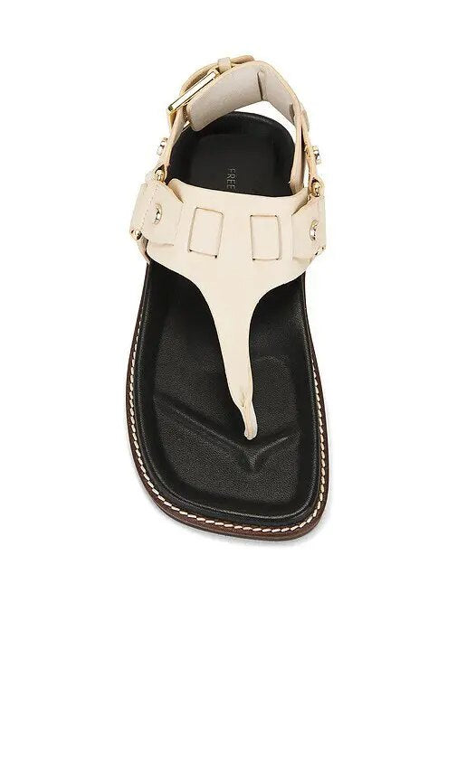 Square-Toe Leather Sandals | Thong & Buckle Strap Footwear