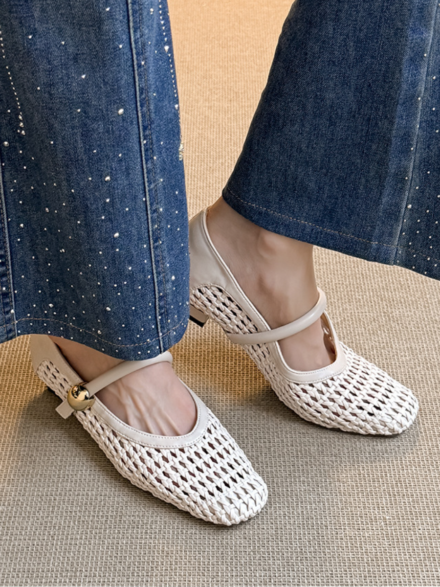 Crochet Woven Mary Jane Flats | Square Toe Breathable Ballet Flats