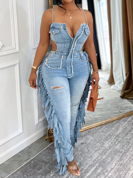 Fringe Detail Cut-Out Denim Jumpsuit