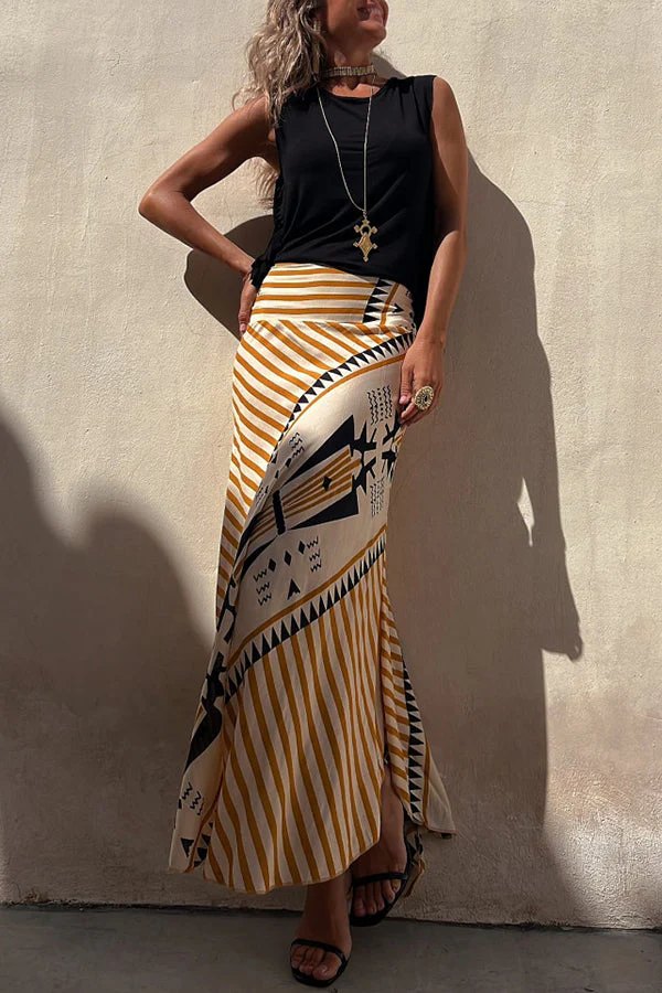 Satin Geometric Print Elastic Waist Maxi Skirt