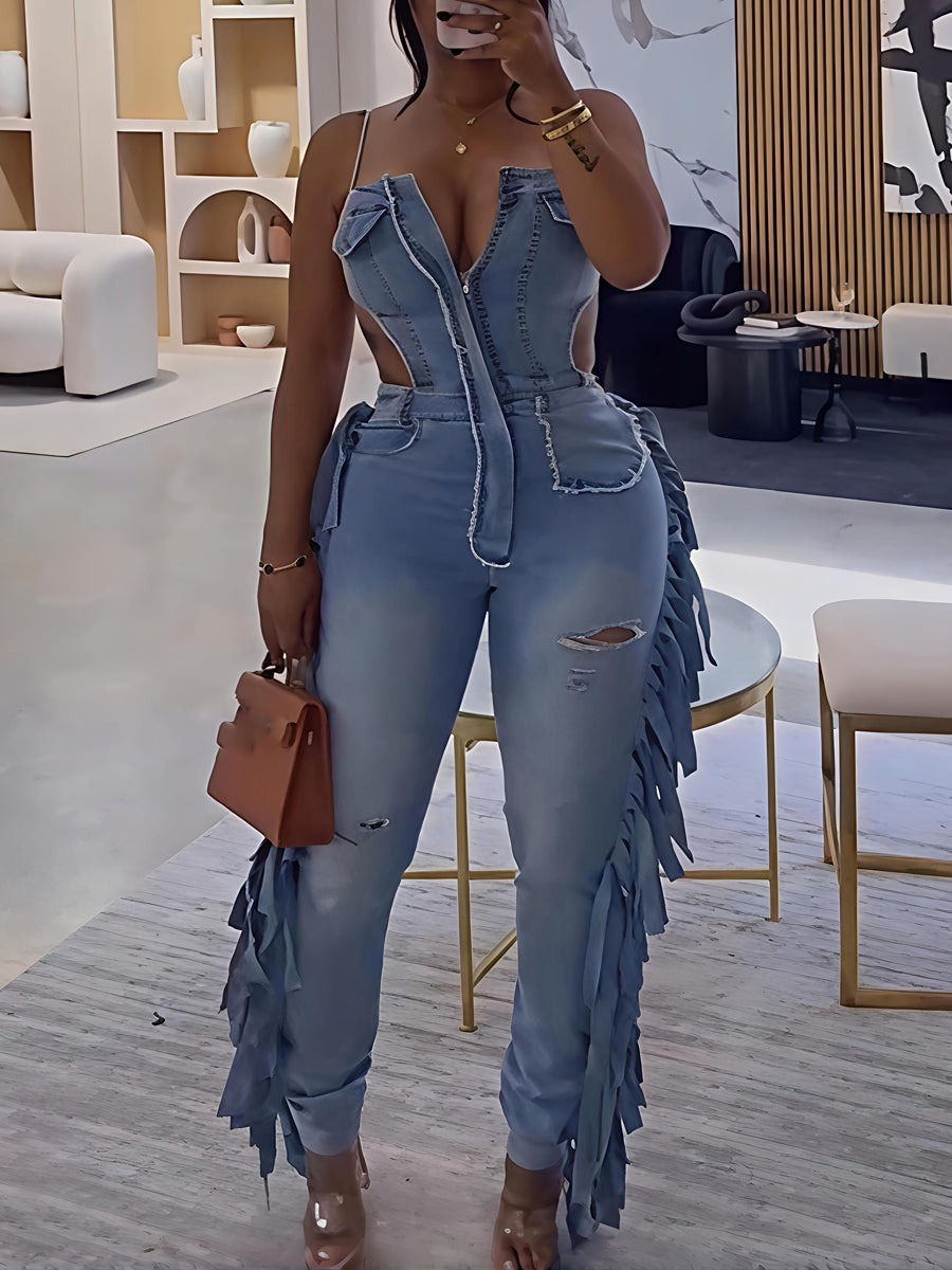 Fringe Detail Cut-Out Denim Jumpsuit