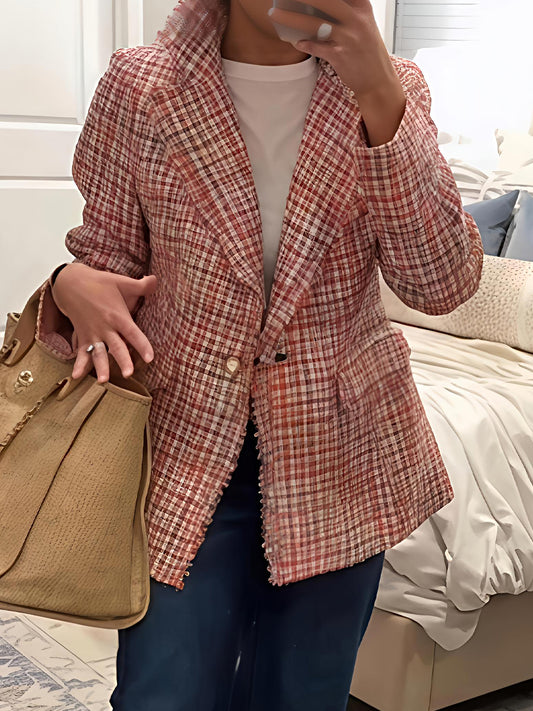 Elegant Pearl Button Woven Tweed Blazer