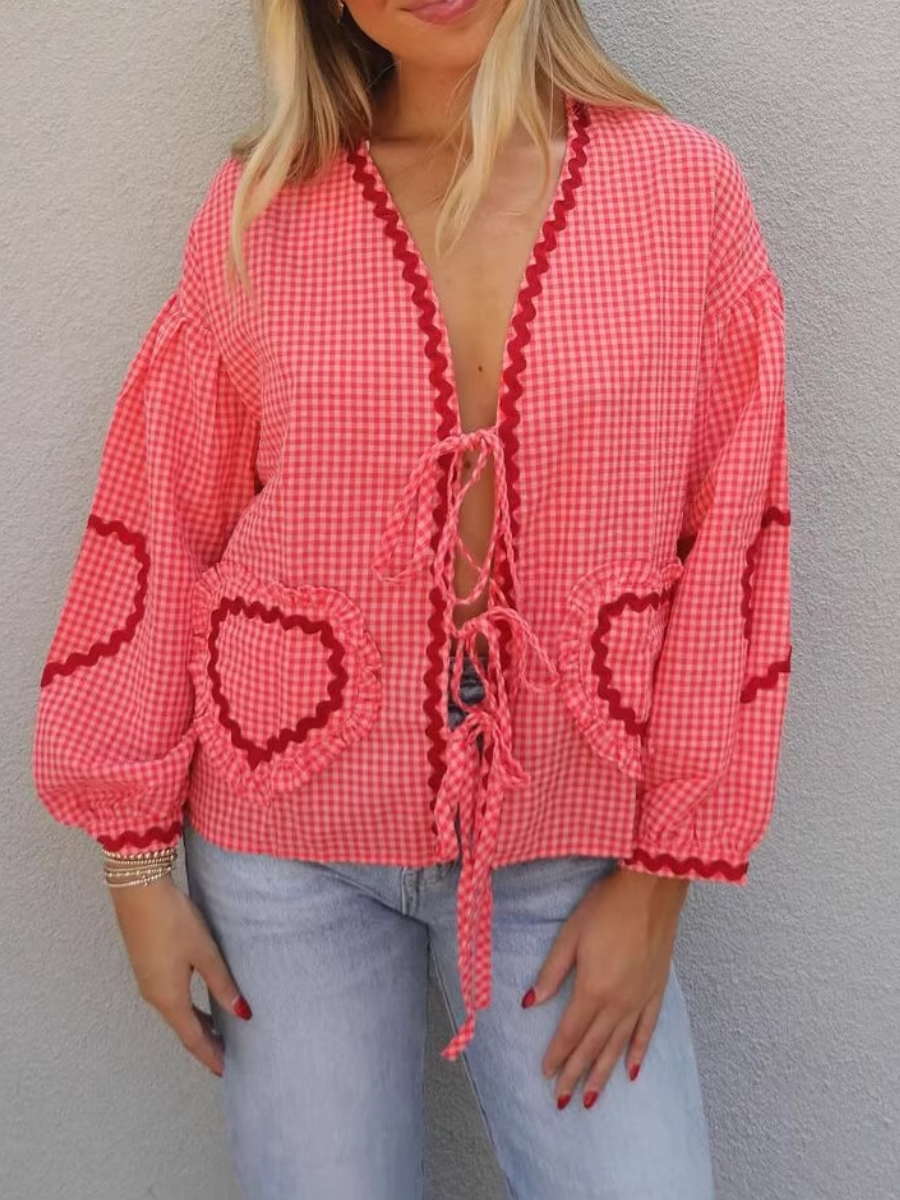 Heart Embroidered Plaid Bow-Tie Blouse