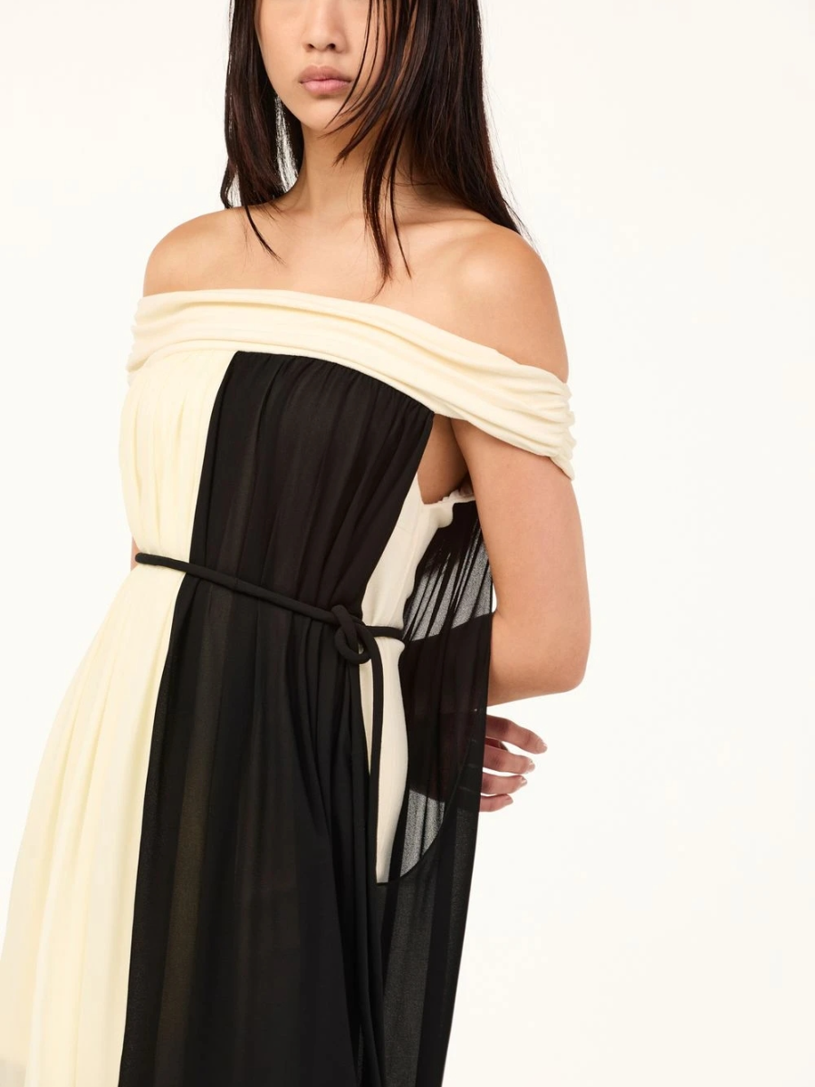 Monochrome Off-Shoulder Chiffon Maxi Dress