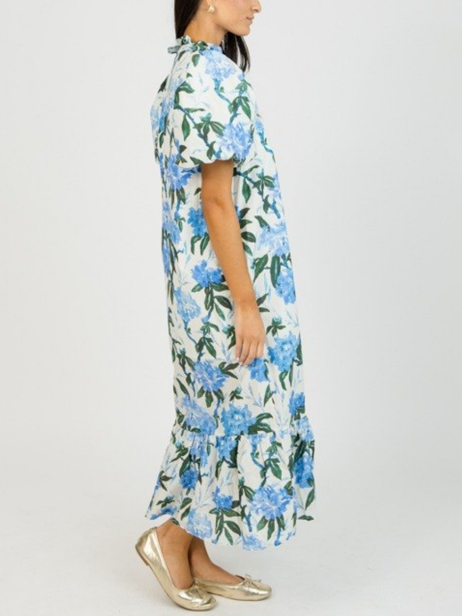 Blue Floral Puff Sleeve Midi Dress