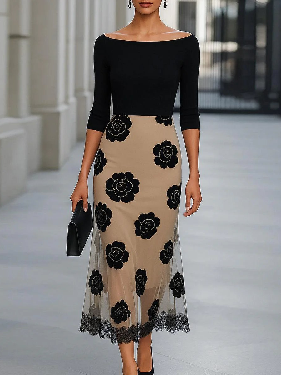 Groovy Black Boat Neck Midi Dress