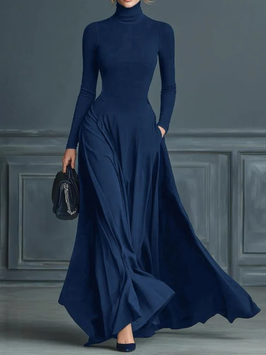 Solid Color High-neck Long-sleeved Elegant Slim-fit Maxi Dress