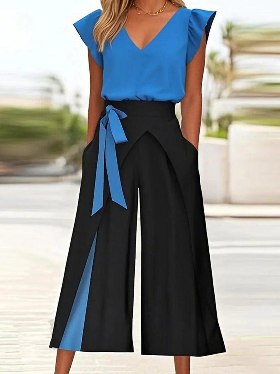 Unique Round Neck Color Block Two Piece Set