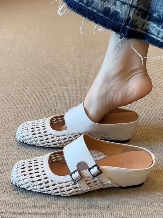 Woven Leather Double Buckle Mules | Square-Toe Wedge Slides for Women