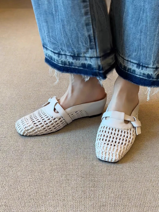 Breezy Woven Leather Mules | Square Toe Buckle Backless Loafers