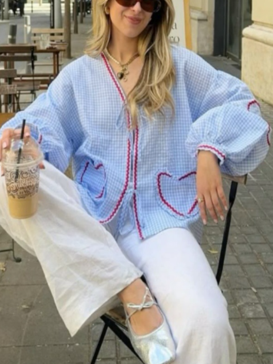 Heart Embroidered Plaid Bow-Tie Blouse
