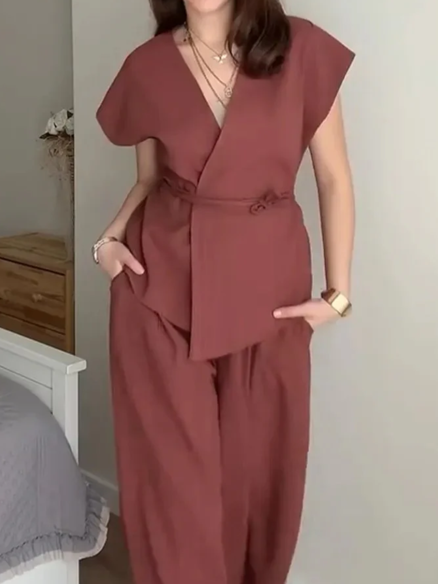 Ladies' V-neck Waist Cinched Top  Pants Casual Suit